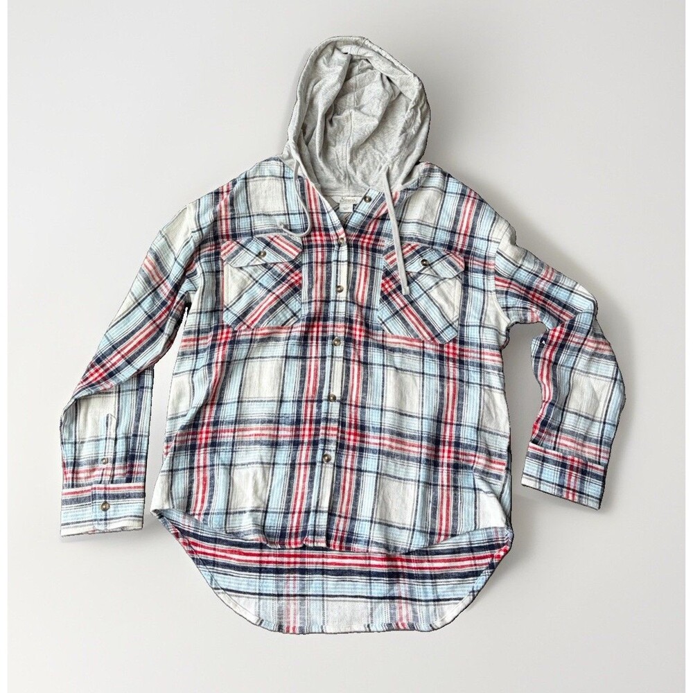 Natural Reflections Womens L Hooded Flannel Shirt Plaid Button Up White Red NWT